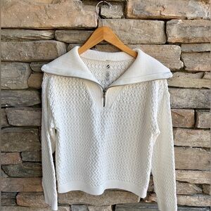 Lou & Grey Loft Cream Cowl Neck Half Zip Knit Sweater Ivory Cream